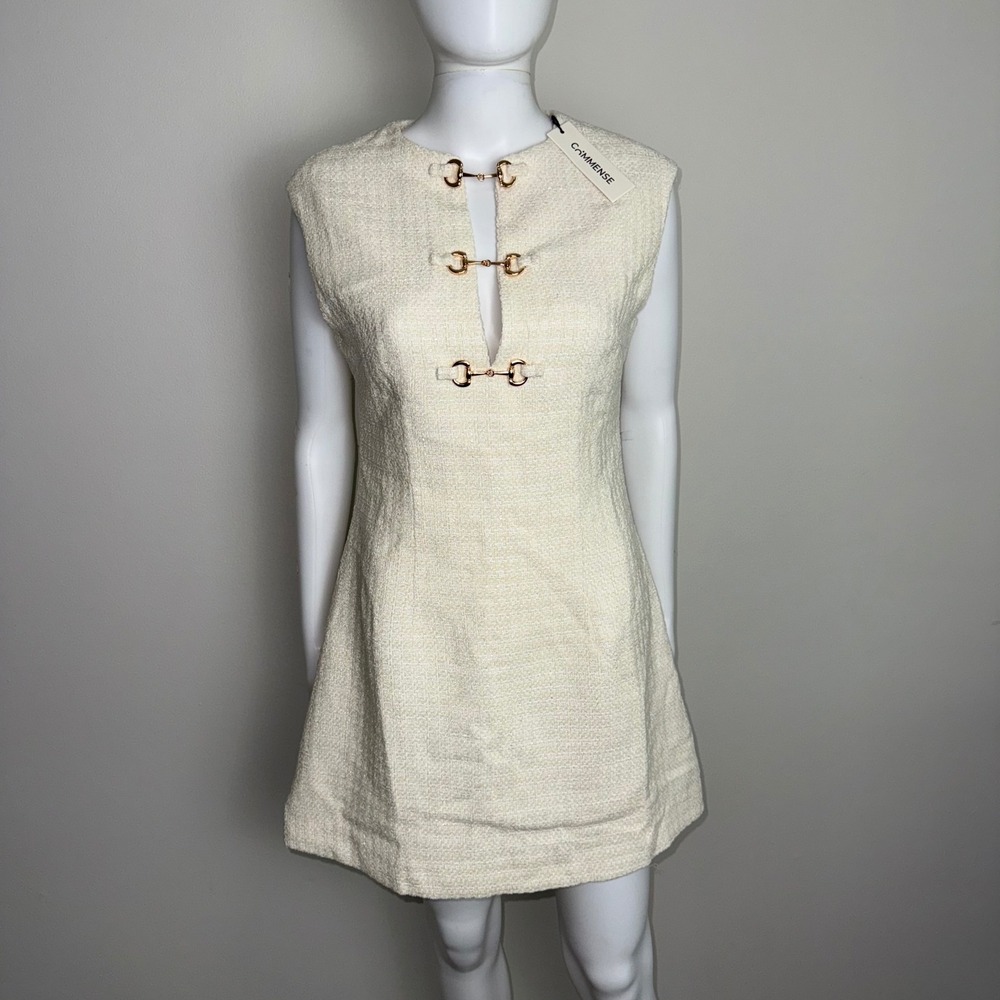 Commense Tweed Mini Dress Sleeveless Gold Buckle Detail Ivory Party Cocktail M - Picture 7 of 17